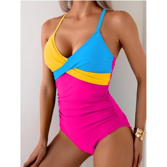 B2Prity Womens Large Colorblock One-Piece Swimsuit Tie Back Beach Vacation Pool - Picture 1 of 8